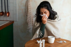 mulher com sintomas de gripe