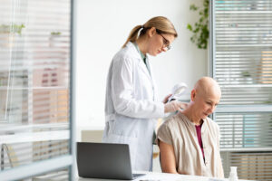 médico examinando paciente com câncer