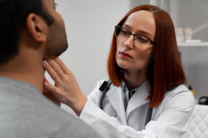 médica examinando garganta