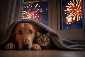 cachorro e gato com medo dos fogos