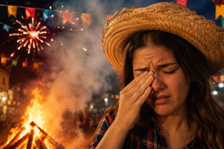 Pessoa com irritação nos olhos em festa junina