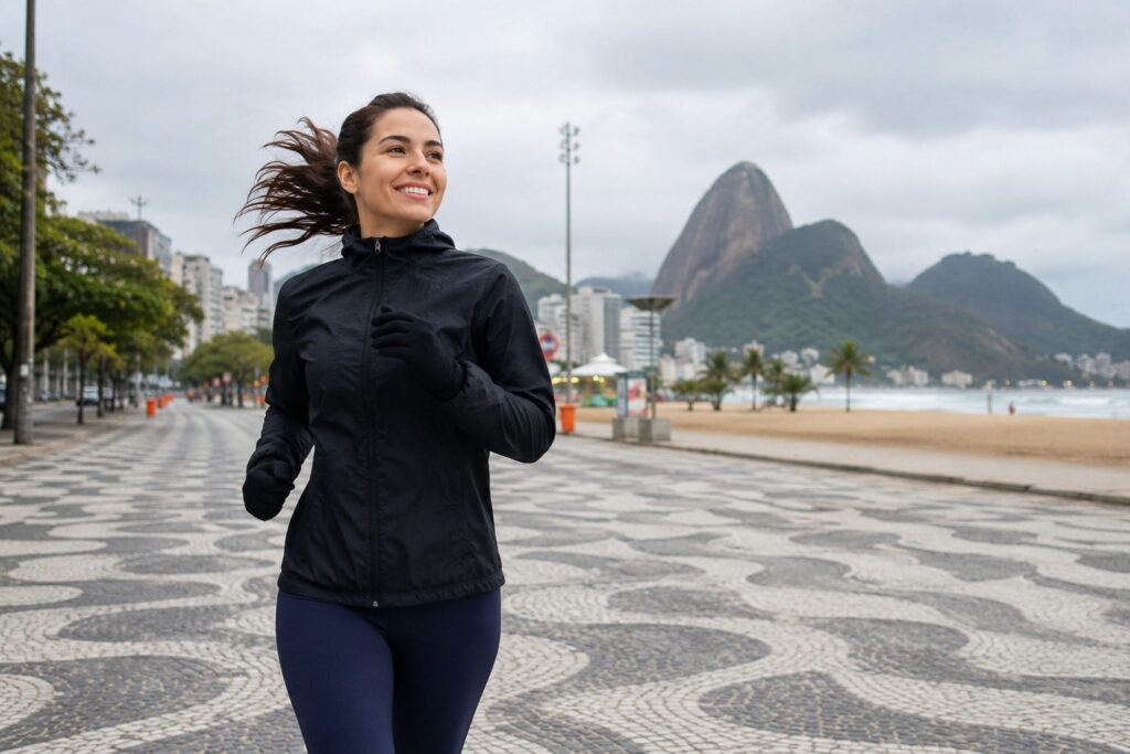 Mulher fazendo caminhada ao ar livre usando roupa de inverno leve