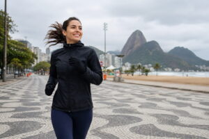 Mulher fazendo caminhada ao ar livre usando roupa de inverno leve