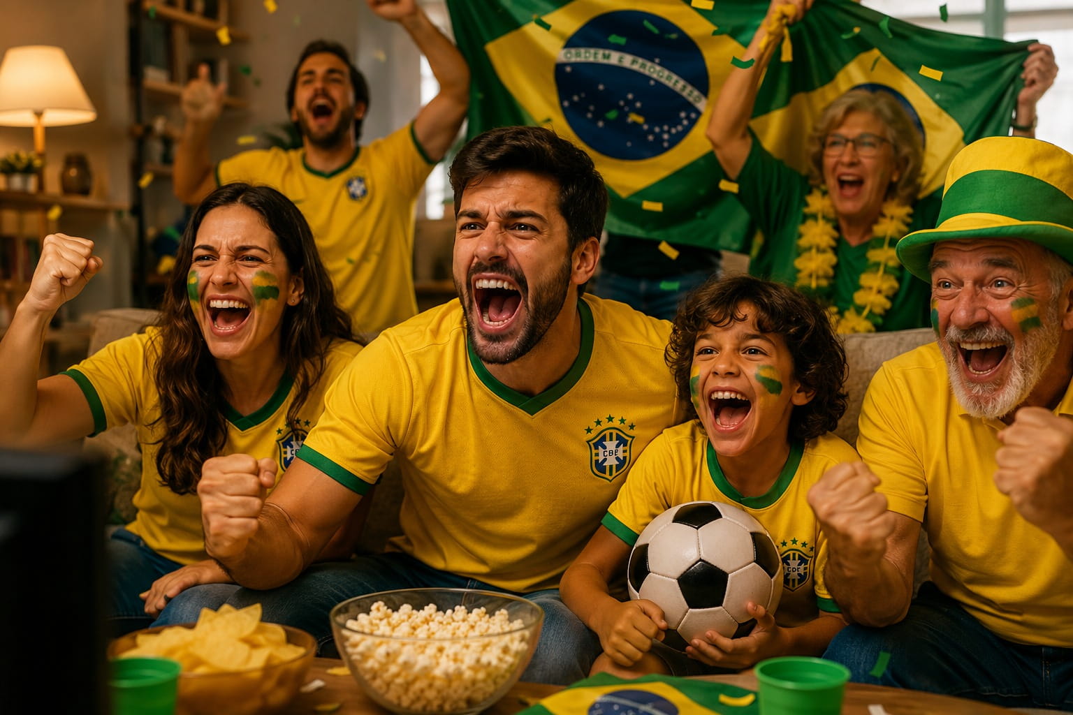 Família assistindo futebol na televisão