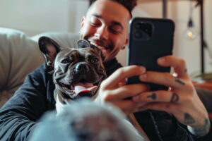 Tutor usando celular ao lado de um cachorro