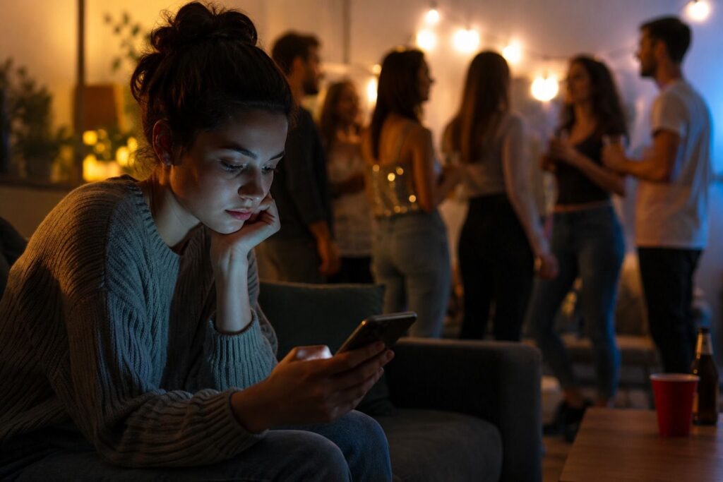 Jovem sozinho olhando o celular enquanto amigos estão reunidos ao fundo