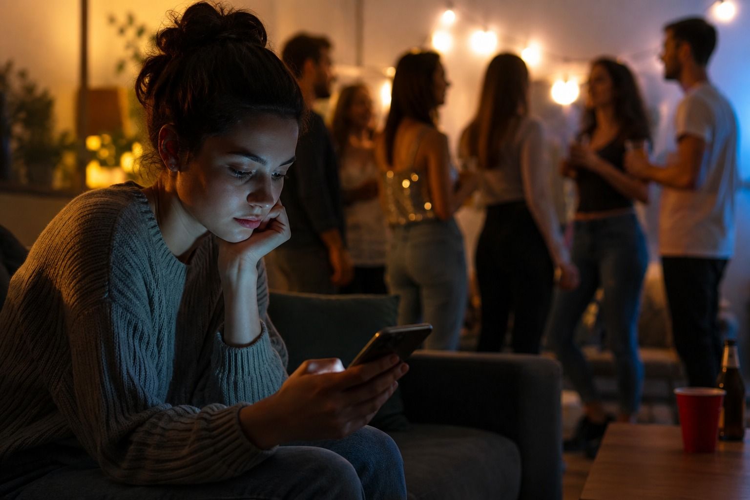 Jovem sozinho olhando o celular enquanto amigos estão reunidos ao fundo