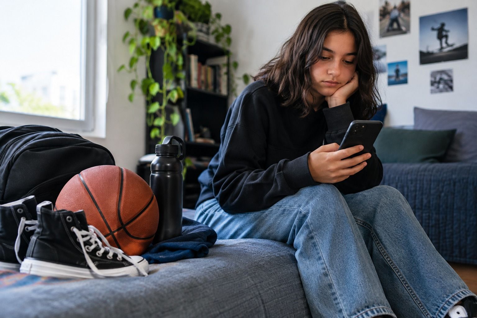 Adolescente sentado usando celular enquanto tênis esportivo aparece ao lado