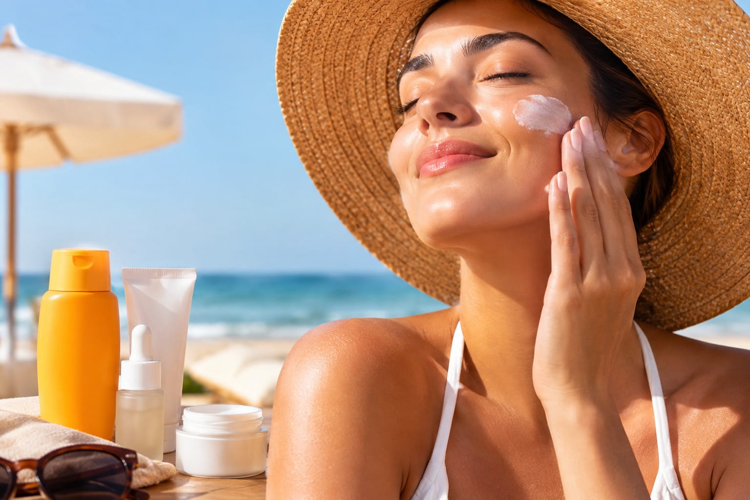 mulher aplicando protetor solar em um cenário de praia, mantendo a estética de verão.