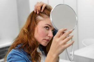 Mulher observando o cabelo no espelho