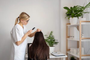 Dermatologista examinando o couro cabeludo