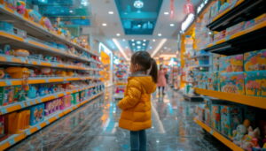 Criança em ambiente movimentado de shopping, com muitas pessoas e estímulos visuais.