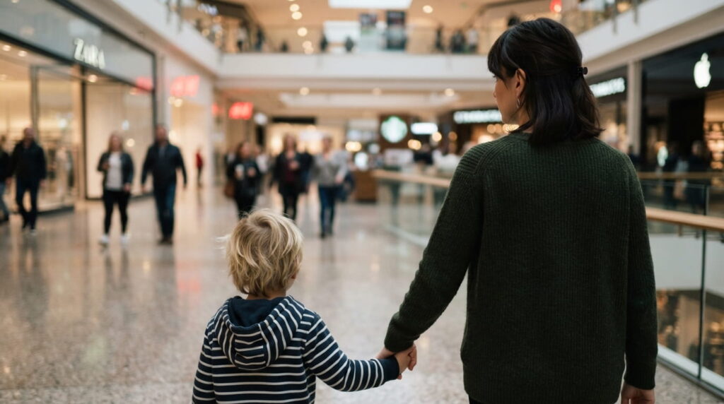 Criança autista em um shopping acompanhada pela mãe