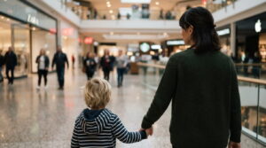 Criança autista em um shopping acompanhada pela mãe