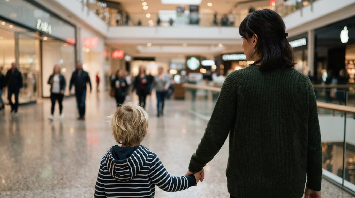 Criança autista em um shopping acompanhada pela mãe