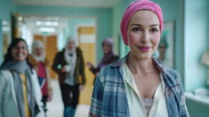 mulher com lenço rosa na cabeça