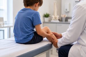 Médico examinando a perna de uma criança em consultório