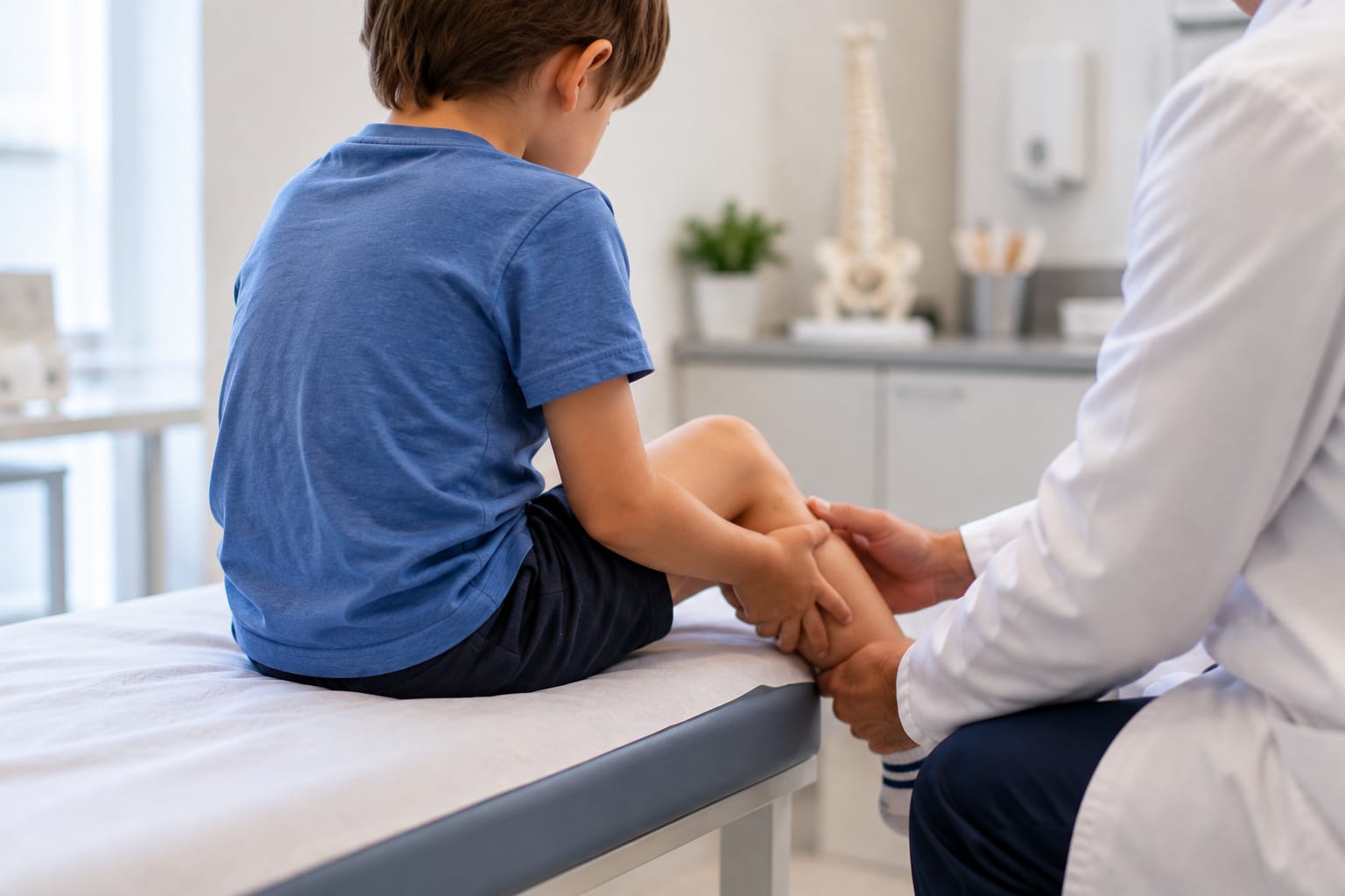 Médico examinando a perna de uma criança em consultório