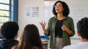 Professora falando em sala de aula